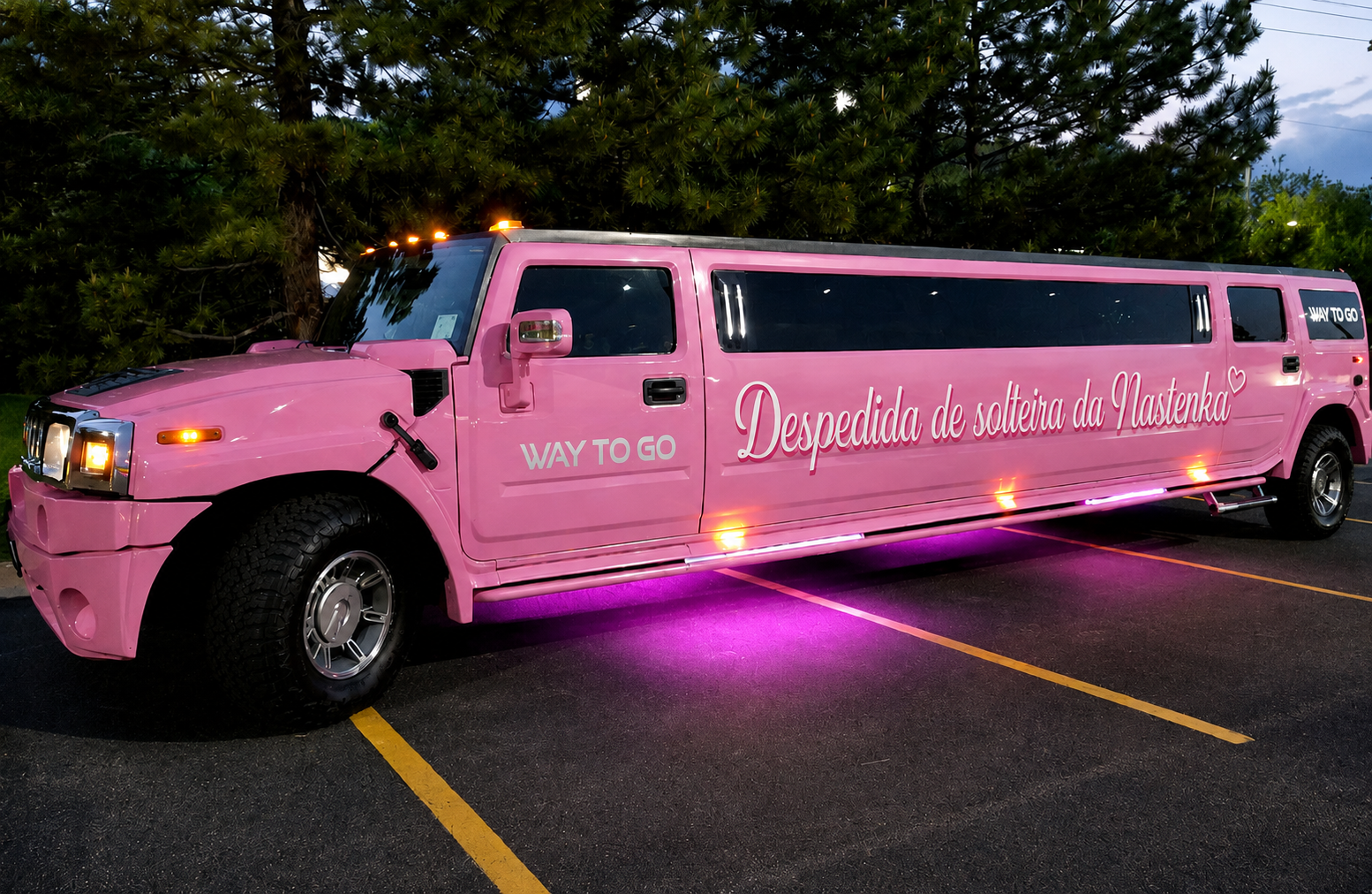 Limousine Nas rosa vista pela frente e lateral